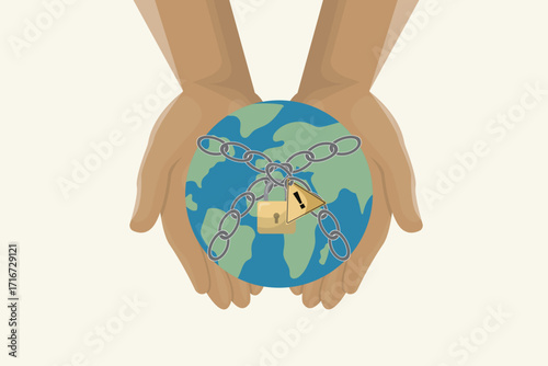 Two hands protectively holding Earth globe wrapped in chain with padlock showing environmental protection and planet security concept. Flat style. Environmental conservation. Vector illustration