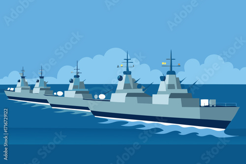 Modern warships sail in formation across the blue ocean