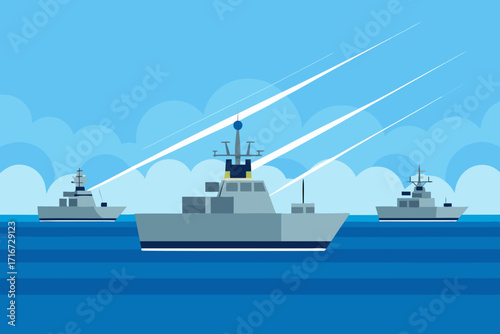 Modern warships sailing on a blue ocean with contrails overhead