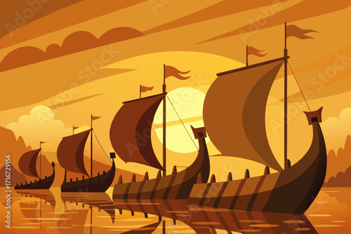 Viking ships sailing at sunset with reflecting waters