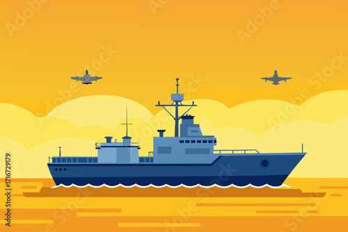Naval destroyer and jets in a stylized sunset sky