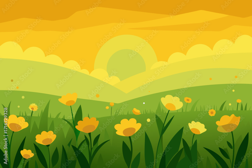 Fototapeta premium Golden sunset over rolling hills and wildflowers