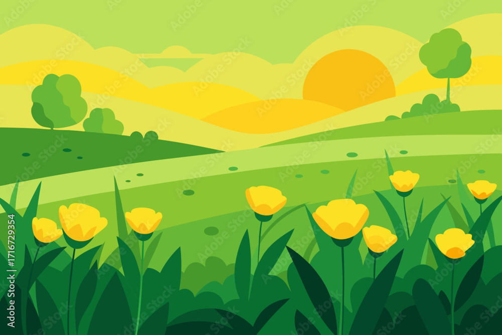Fototapeta premium Vibrant spring meadow with yellow flowers and rolling hills