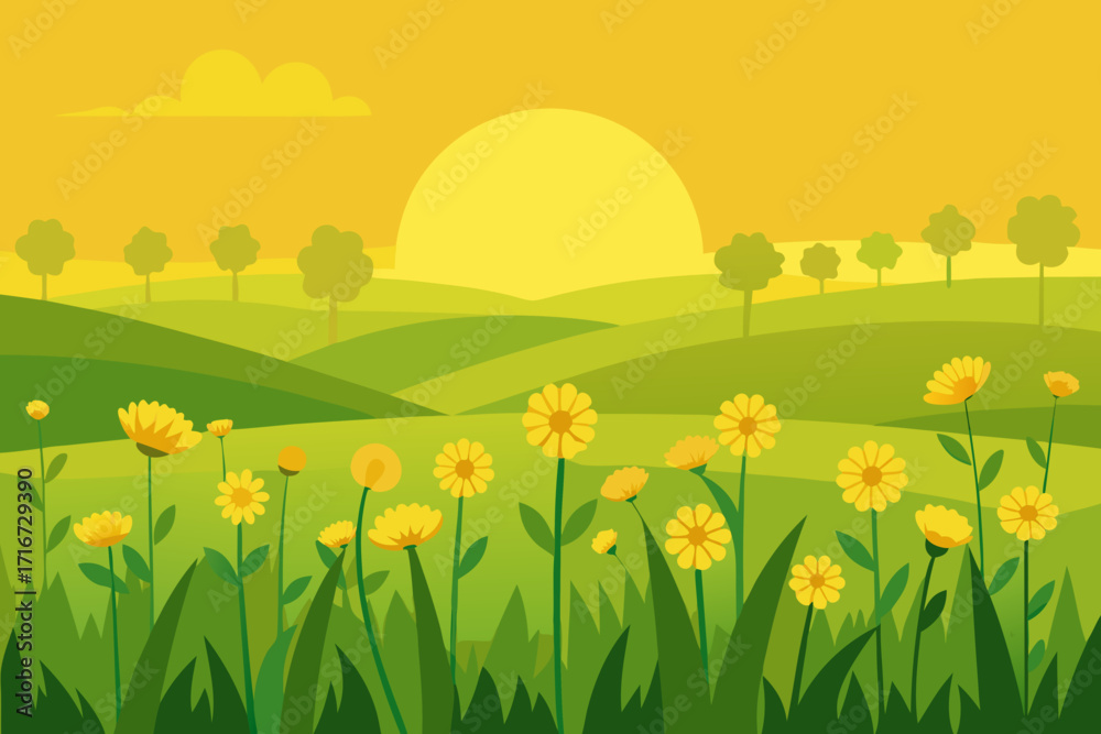 Fototapeta premium Vibrant yellow flowers bloom in a rolling green landscape under a warm sunset