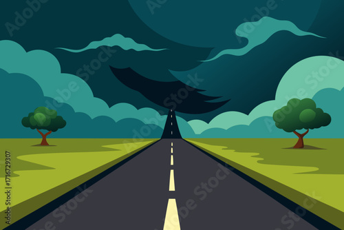 Stormy road ahead with lone trees under dark clouds