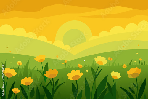 Golden sunset over rolling hills and wildflowers