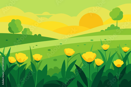 Vibrant spring meadow with yellow flowers and rolling hills