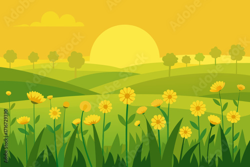 Vibrant yellow flowers bloom in a rolling green landscape under a warm sunset