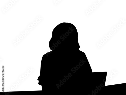 A clean, simple silhouette of a woman seated at a desk, engaged with a laptop.