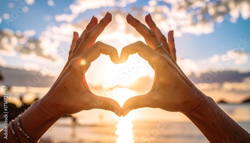 Hands forming heart shape at sunset