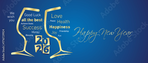 Happy New Year 2026 golden negative space numbers. Abstract clinking glasses of wine word cloud text white blue background vector greeting card