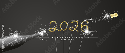 We wish you Happy New Year 2026 eve handwritten tipography golden glitter numbers stars sparkler fireworks open champagne bottle black background. New Year 2026 greeting card