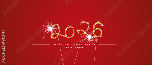 We wish you Happy New Year 2026 eve handwritten tipography with golden glitter stars and sparkler firework red background greeting card