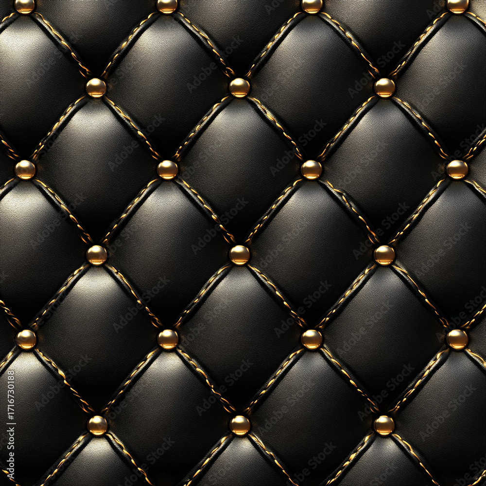 Naklejka premium Black quilted leather upholstery background with golden accents 