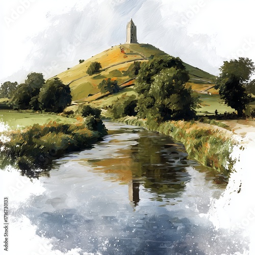 Glastonbury Tor Reflection: Majestic tower atop a verdant hill, reflected in the serene waters of a river, capturing the historical and spiritual essence of Glastonbury.
