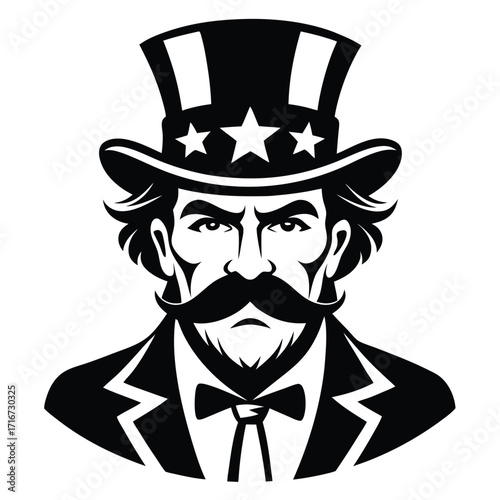 Vector Portrait Man in Top Hat, Stars, Suit, Bowtie, and Large Mustache
