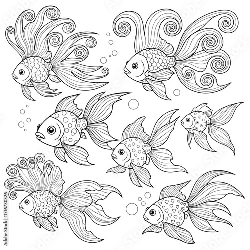 Elegant Goldfish Collection Intricate Coloring Page Design Black and White Pattern