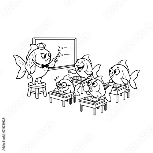 Funny fish teacher in classroom with students learning mathematics lesson