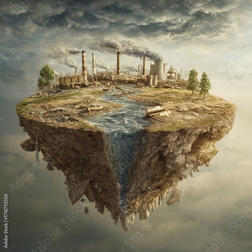 Environmental Impact: An allegorical depiction of a floating island showcases the consequences of unchecked industry, with smokestacks billowing and pollution taking its toll on the environment.