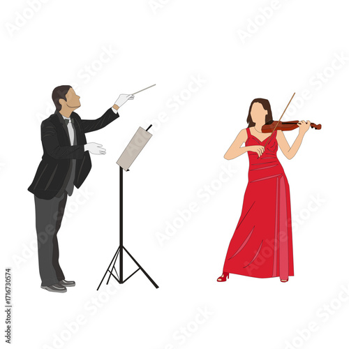Illustration of an orchestra with a conductor and a violinist