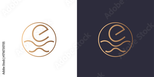 Letter E logo monogram, home waves pools minimal style identity initial logo mark. Golden gradient vector emblem logotype for business cards initials infinite symbol.