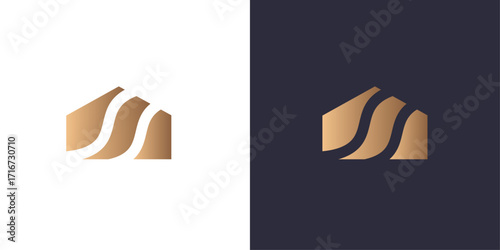 home logo, waves pools, minimal style identity logo mark. Golden gradient vector emblem logotype for business cards symbol.