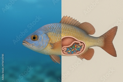 A scientific illustration of a fish's anatomy showing microplastic ingestion from the ocean
