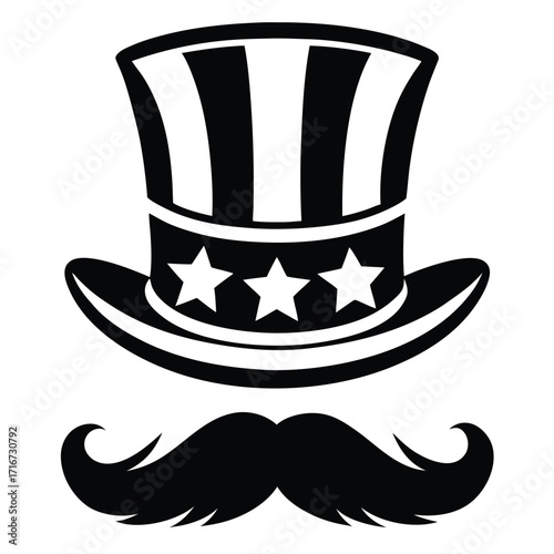 Black and white graphic of a striped top hat with stars and a mustache