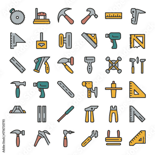 Construction Tools Colored Vector Icons, Hammer, Drill, Saw, Wrench, Measuring Instruments and Equipment