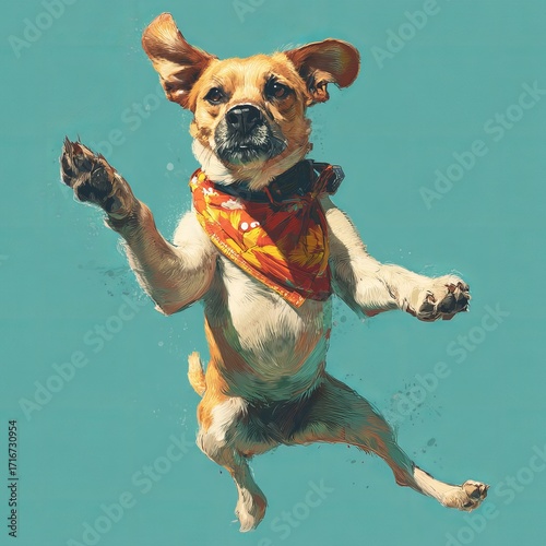 Upbeat Canine: A joyful dog leaps through the air. its ears flapping in the wind, exuding an overwhelming sense of joy and freedom. The scene, a vibrant celebration of canine exuberance.