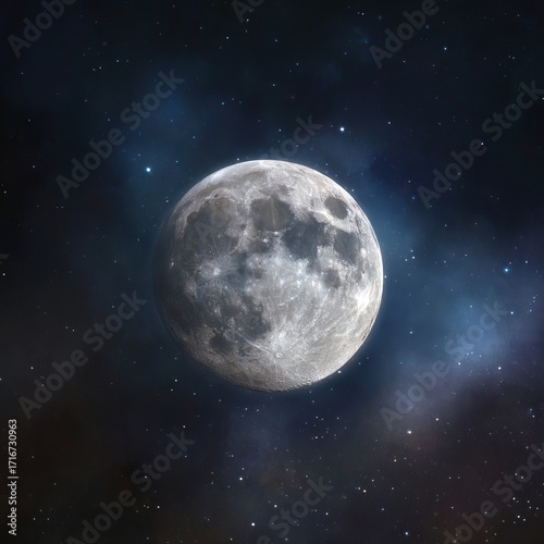 Moonlit Majesty: A stunning full moon shines brightly in the inky blackness of the cosmos, a celestial beacon illuminating the night sky. Capturing the vastness and serene beauty of space.