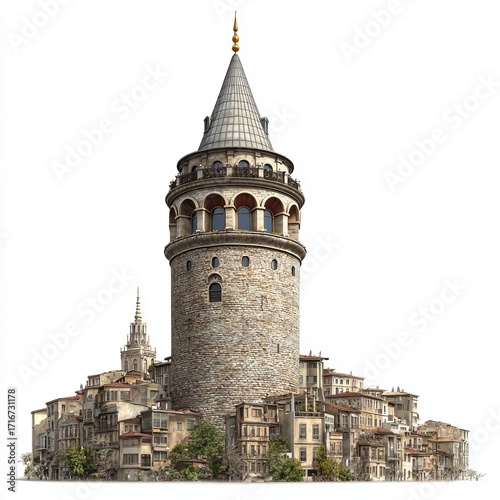 Galata Tower, A Historic Landmark: An illustrative depiction of the iconic Galata Tower, its ancient stone facade towering over a cluster of historic buildings.
