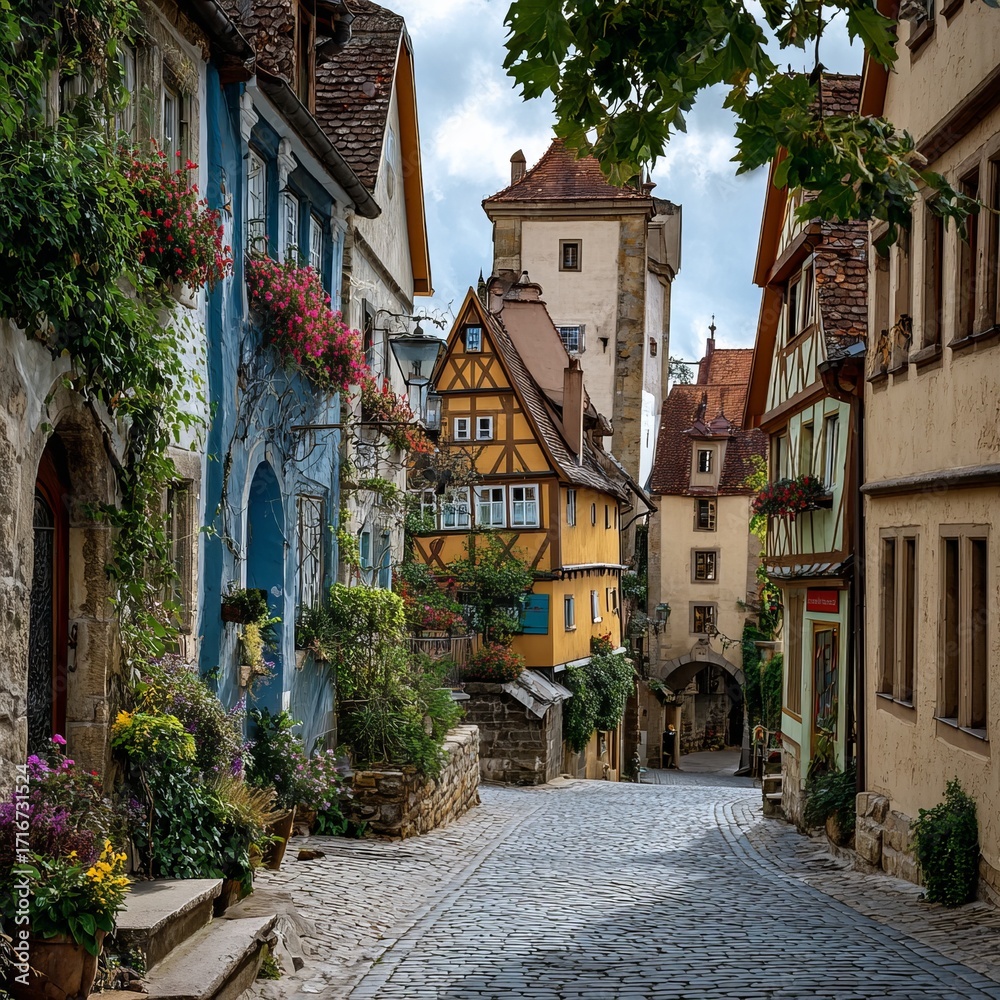 Fototapeta premium Charming European Street: Captured in stunning detail, an alluring cobblestone street framed by the architectural wonders of aged buildings and lively floral arrangements. Experience the rich culture.