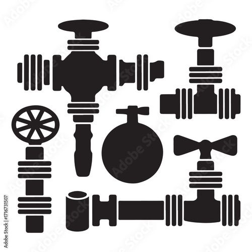Industrial Valves and Pipes Silhouette Vector Set, Plumbing, Engineering, Water Supply, and Mechanical Icons