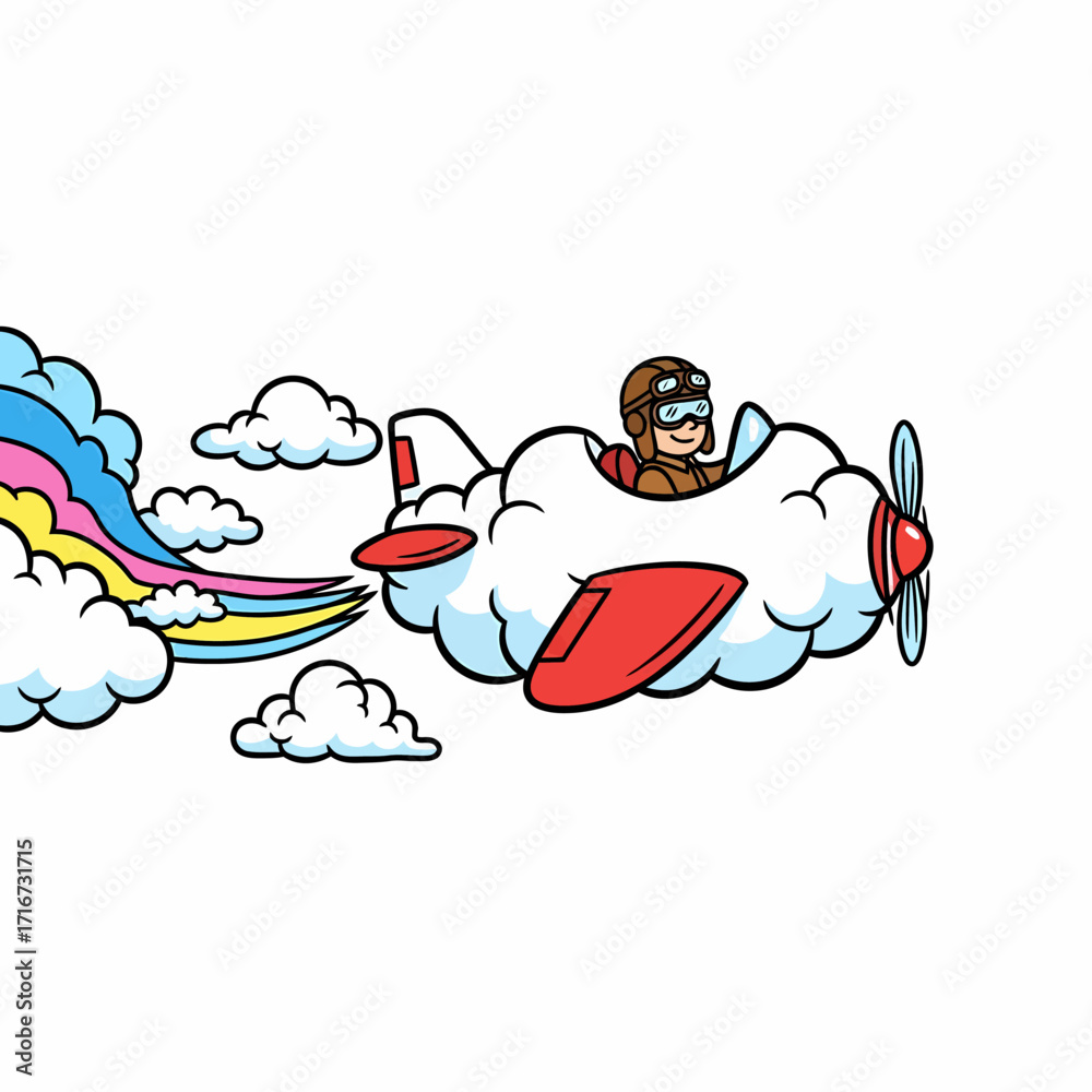 Obraz premium Cartoon Cloud Airplane with Pilot and Rainbow Trail Whimsical Sky Adventure