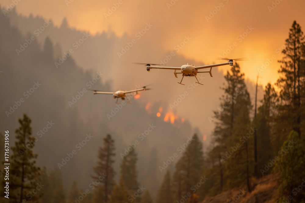 Fototapeta premium firefighting drones create safe corridor in forest during wildfire