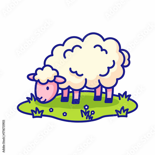 Adorable Cartoon Sheep Grazing in a Lush Green Pasture