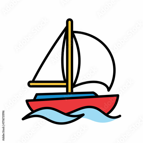 Colorful sailboat icon on waves, a simple line art illustration representing sea travel, maritime adventure, and summer vacation