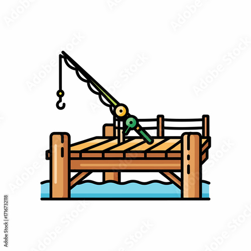 Fishing pier with fishing rod and hook over water; recreation and leisure