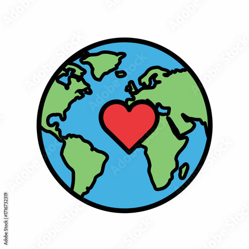 Hand-drawn doodle of the world globe with a central red heart representing global unity and environmental care