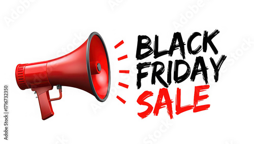 A red megaphone announcing a sale with sound waves on a black background for promotional advertising