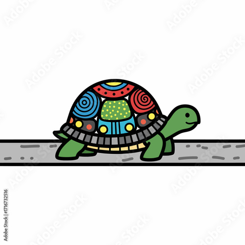 A charming cartoon turtle with an intricately designed, vibrantly patterned shell slowly ambles along a simple path, radiating a cheerful and unique character