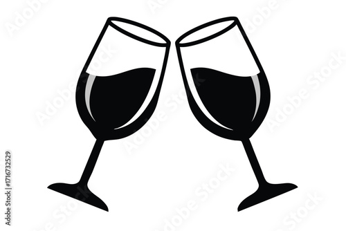 Two Black Wine Glasses Clinking Together in a Celebration or Toasting Illustration