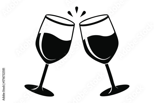 Black and White Illustration Two Wine Glasses Clinking, Celebrating with Wine Toast