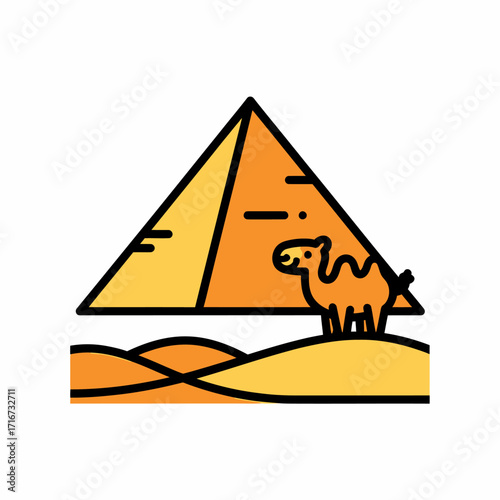 Iconic Egyptian Pyramid and Camel Illustration on Sandy Dunes Landscape