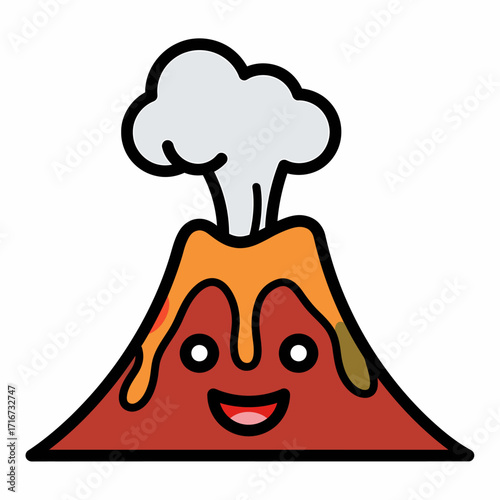 Cartoon Volcano with a Smiling Face Erupting Smoke and Lava