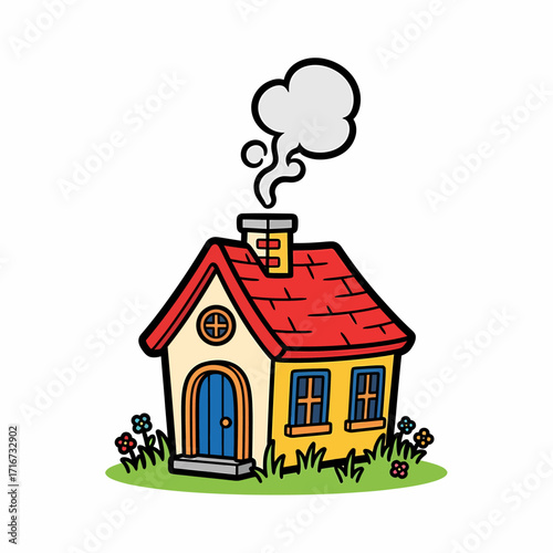 Charming and whimsical cartoon house illustration with a smoking chimney, vibrant colors, and blooming flowers, symbolizing comfort and home