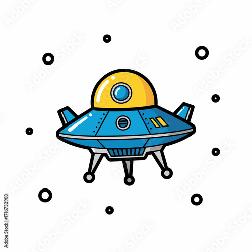 Cartoon UFO Illustration A Whimsical Blue and Yellow Spaceship Against a White Background