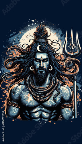 Lord Shiva Illustration with Trishul, Powerful Hindu God Artwork