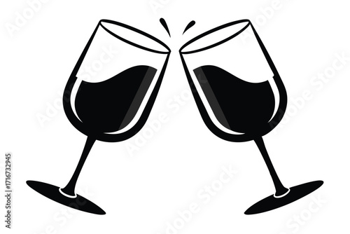Elegant Silhouette of Two Wine Glasses Clinking in Celebration, Black and White Image